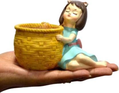 Merak Arts Girl with Yellow Basket Resin Pot Garden Gnome (Height: 9 cm)
