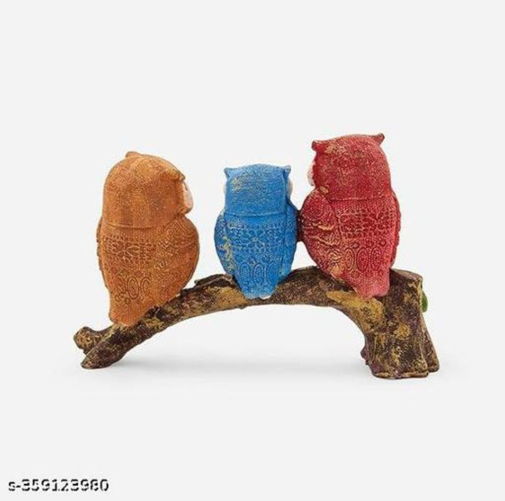 Decorative Set of 3 Owl Family Resin Figurine Sitting On Tree Branch Showpiece Statue for Table Top, Living Room, Bedroom, Office/Home Décoration, Colour Multi