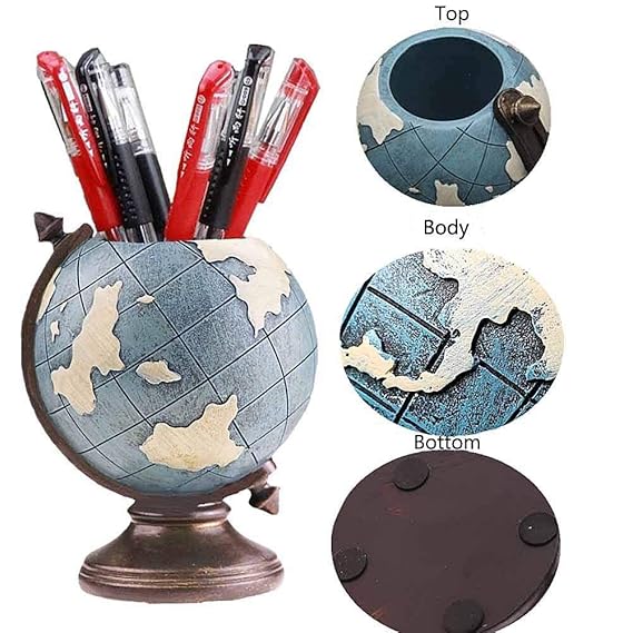 Merak Arts Desk Globe Pen Pencil Holder Stand | Multipurpose Cup Pot Organizer for Stationery | Desk Decor for Home, Office, Bookshelf | Ideal Gift for Kids & Students