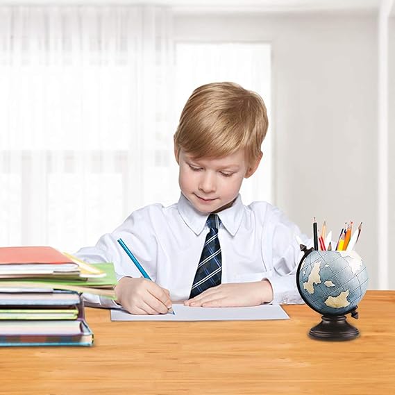 Merak Arts Desk Globe Pen Pencil Holder Stand | Multipurpose Cup Pot Organizer for Stationery | Desk Decor for Home, Office, Bookshelf | Ideal Gift for Kids & Students