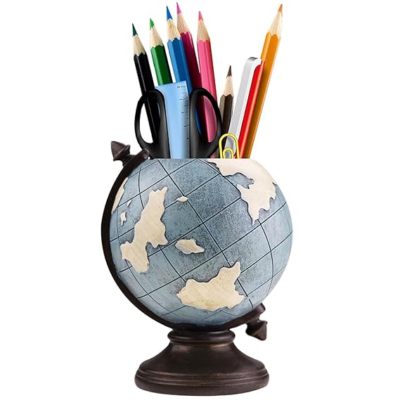 Merak Arts Desk Globe Pen Pencil Holder Stand | Multipurpose Cup Pot Organizer for Stationery | Desk Decor for Home, Office, Bookshelf | Ideal Gift for Kids & Students