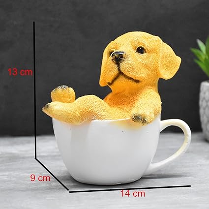 Hand Painted Cute Dog Resting in Tea Cup Resin Figurine for Dog Lovers Table top Décor (Yellow Dog_White Cup)