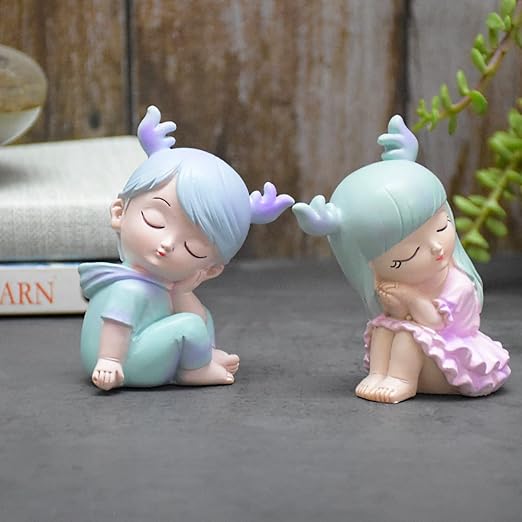Combo Of Miniature Sleepy Boy And Girl Resin Showpieces For Gift And Home Decor, Multi Colour, Pack of 2