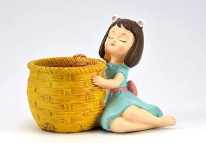 Merak Arts Girl with Yellow Basket Resin Pot Garden Gnome (Height: 9 cm)