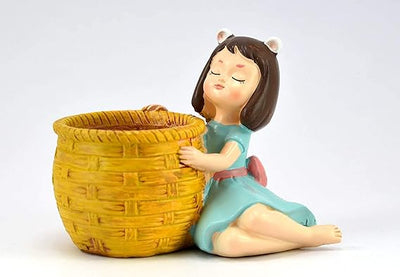 Merak Arts Girl with Yellow Basket Resin Pot Garden Gnome (Height: 9 cm)