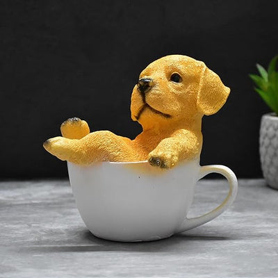Hand Painted Cute Dog Resting in Tea Cup Resin Figurine for Dog Lovers Table top Décor (Yellow Dog_White Cup)