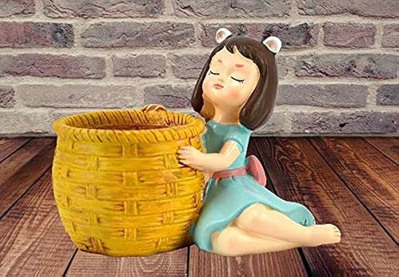 Merak Arts Girl with Yellow Basket Resin Pot Garden Gnome (Height: 9 cm)