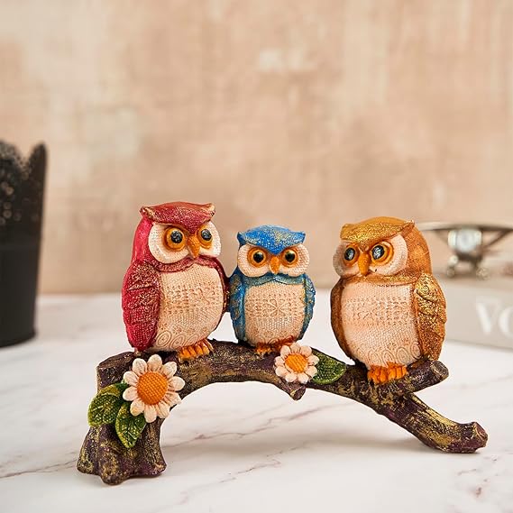 Decorative Set of 3 Owl Family Resin Figurine Sitting On Tree Branch Showpiece Statue for Table Top, Living Room, Bedroom, Office/Home Décoration, Colour Multi