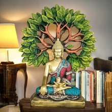 Load image into Gallery viewer, ParthNest Resin 19 In Tree Buddha Statue | For Office, Temple, Home Decor, Gifts, Mahavirjayanti &amp; Living Room | Peaceful Buddha Sculpture (Green)
