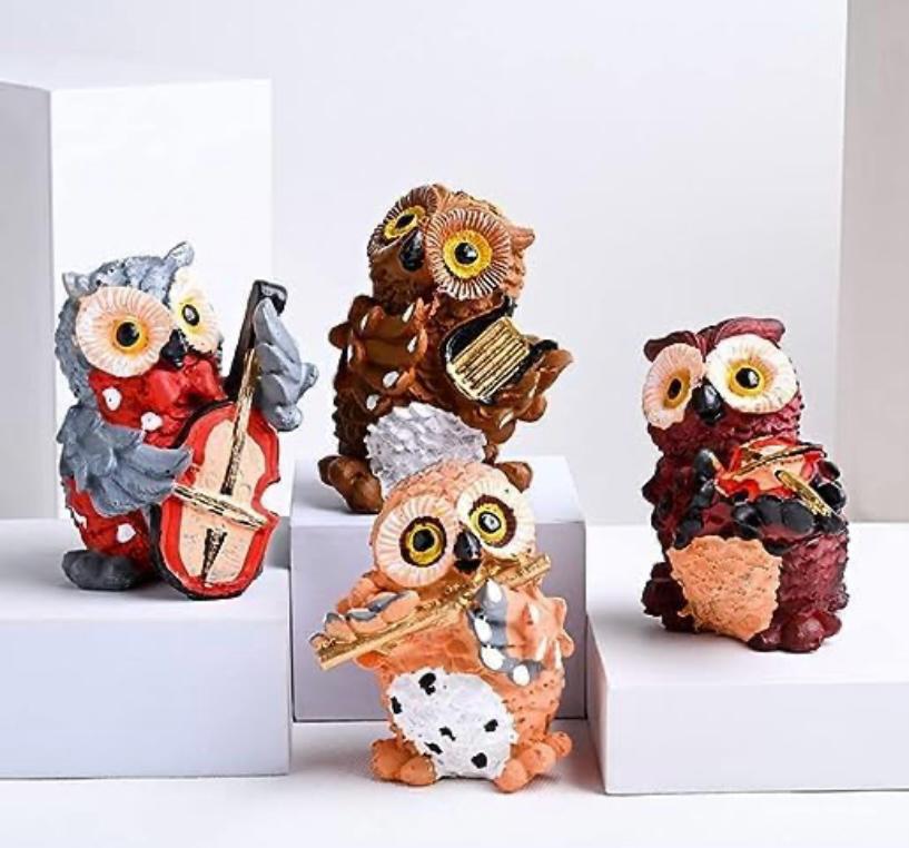Merak Arts Set of 4 Cute Resin Owls Playing Musical Instruments Decorative Showpiece - 7 cm (Polyresin, Resin, Multicolor)