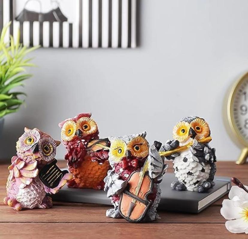 Merak Arts Set of 4 Cute Resin Owls Playing Musical Instruments Decorative Showpiece - 7 cm (Polyresin, Resin, Multicolor)